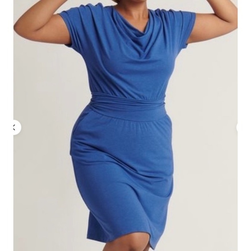 Betabrand Canopy Dress Blue 3X Drape Neck Tie Waist Pockets